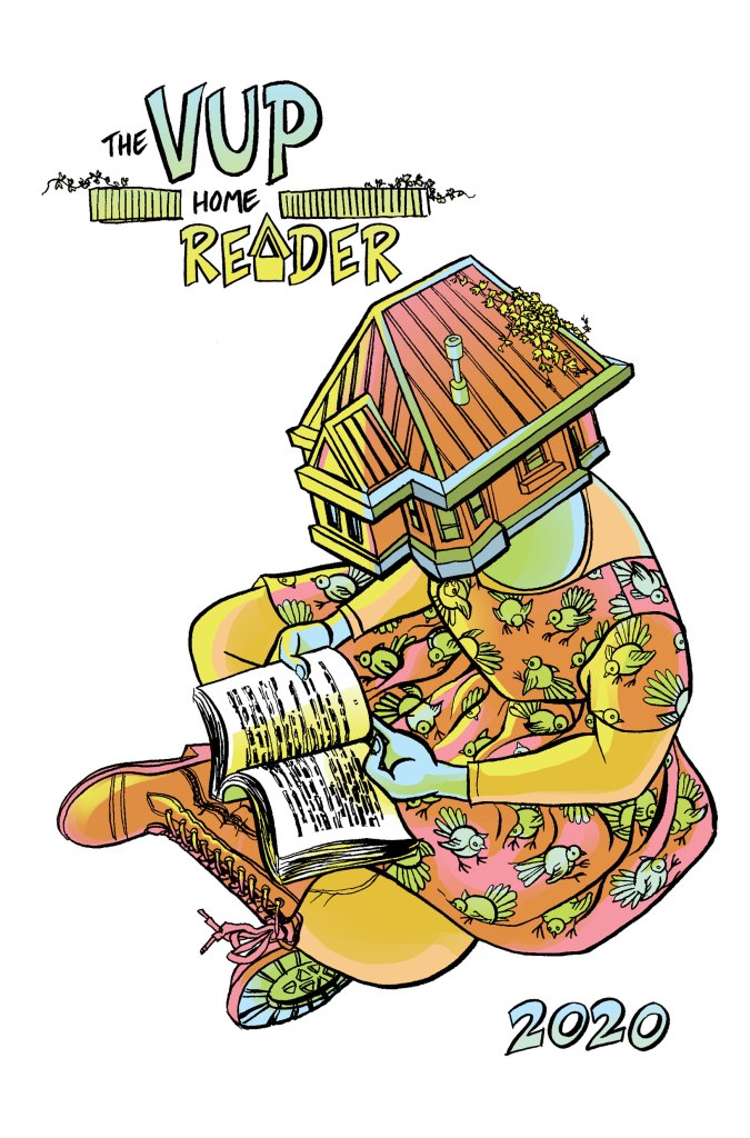 VUP Home Reader 2020 cover - unused colour version. There is a humanoid figure with a house for a head, sitting cross-legged, reading a book.